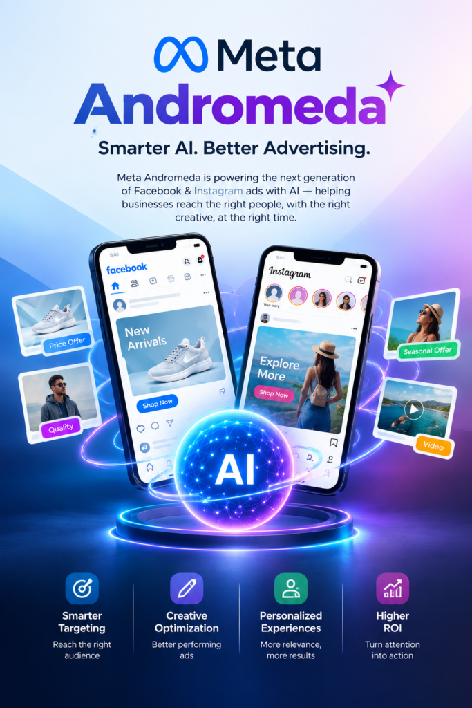 Meta Andromeda AI-powered Facebook and Instagram advertising poster